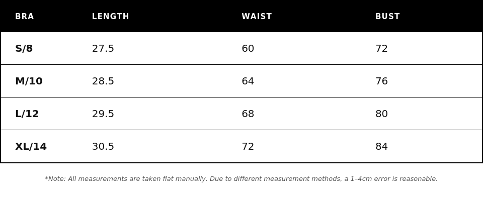 Align Sports Bra size chart