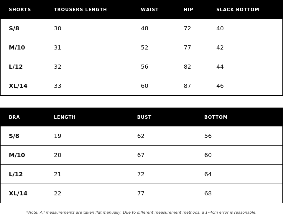 Contour Sports Bra & Shorts size chart