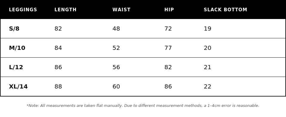 Essentials Legging size chart
