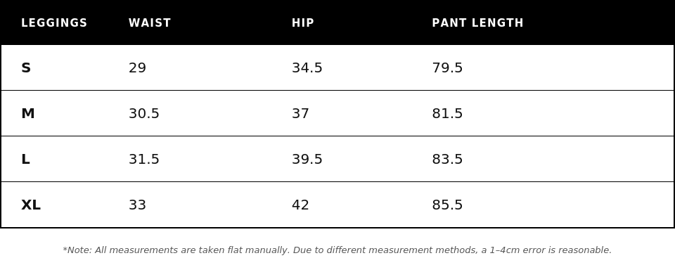 Etched Seamless Leggings size chart